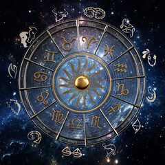 The horoscope wheel with Zodiac signs and constellations of the zodiac. 3D illustration