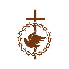 Christianity religion vector icon with dove and cross inside of crown of thorns. Christian catholic crucifix, pigeon and wreath with pikes, religious emblem isolated on white background