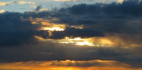 Black dramatic clouds in the sky at sunset, panoramic view