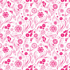Outline doodle flowers random seamless pattern. Ditsy cute floral motifs irregular repeat surface design. Pink contour on white background endless texture for interior, textile, gift paper or copybook