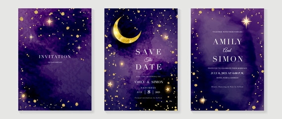 Star and moon themed wedding invitation vector template collection. Gold and luxury save the dated card with watercolor and gold sparkles and brush texture. Starry night cover design background.