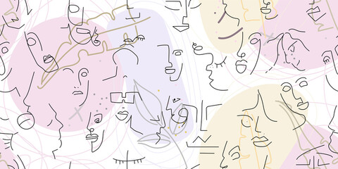 One line drawing. Abstract face seamless pattern.