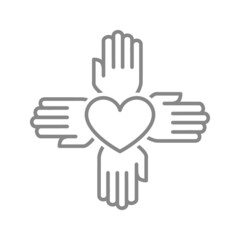 Four hands circle with heart line icon. Charity organization, teamwork, friendship symbol