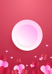 Valentine's day concept poster background. Vector illustration. 3d red and pink paper hearts with frame on geometric background. Cute love sale banners or greeting cards