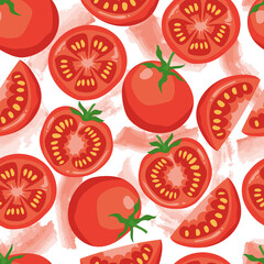Seamless fresh tomato slices pattern design. Flat vector cartoon design 