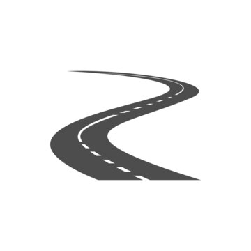 Winding highway, asphalt curve way, asphalted road, pathway vector icon. Travel or transportation design element, curve two lane driveway with dotted mark up isolated on white background