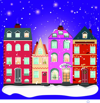 Cozy town street under fairy snowfall. Christmas background. Vector illustration. © Tatiana