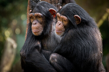 Chimpanzee sibling hugging each other	
