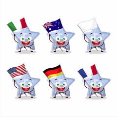 Star blue gummy candy E cartoon character bring the flags of various countries