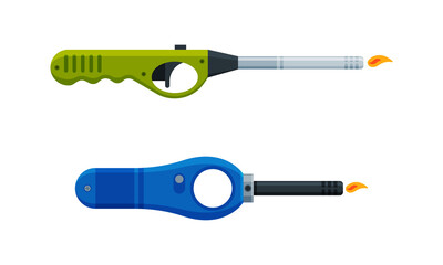 Long Lighter as Portable Device Generating Flame Used for Ignition Cigarette or Gas Stove Vector Set