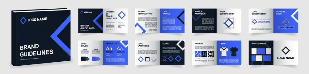 Brand Guidelines template. Dark blue Logo Guideline template. Multi-purpose Brand Manual presentation mockup. Logo Guide Book layout - obrazy, fototapety, plakaty