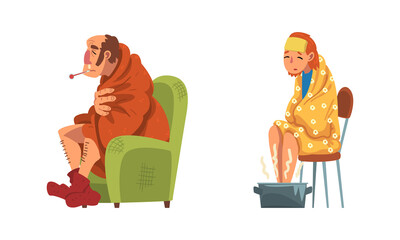 Sick Man and Woman Sitting on Chair Wrapped in Blanket in Knitted Socks and Warming Legs in Basin with Hot Water Vector Set