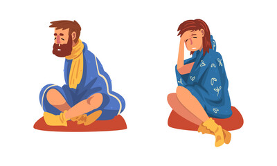 Sick Man and Woman Sitting Wrapped in Blanket Wearing Knitted Socks Vector Set