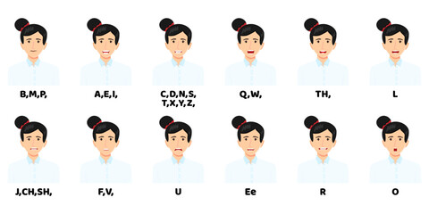 Modern cute businesswoman cartoon character talking mouth and lips expressions vector animations poses mouth talk animation movement practice English say disassembled separated letter