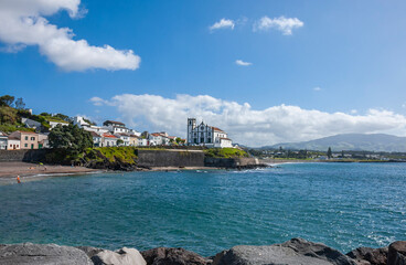 Fototapeta premium View to The Church of Sao Roque and coast, Ponta Delgada, Sao Miguel island, Azores, Portugal