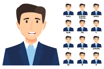 Beautiful cute businessman cartoon character talking mouth and lips expressions vector animations poses mouth talk animation movement practice English say disassembled separated letter isolated