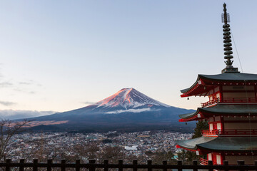 Fuji mountain, sunrise and cityscape in the morning