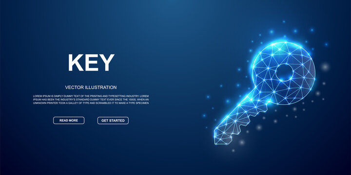 3d Key low poly symbol with connected dots for blue landing page template. Security design illustration concept. Polygonal Key illustration for homepage design, promo banner.