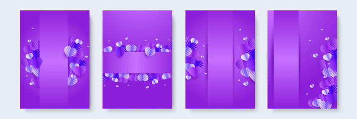 Valentine's day universal soft pastel purple love heart poster background. Valentine's day glow purple Papercut style Love card design background