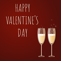 glasses of champagne, shiny glasses of champagne, happy Valentine's Day, red heart, pattern with hearts, background with hearts, postcard with Valentine's Day