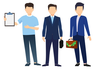 Businessman face less characters set team standing together and posing isolated on white background holding bag and clipboard