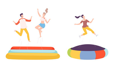 Fototapeta premium Cheerful People Character Jumping and Bouncing on Trampoline Having Fun Vector Set