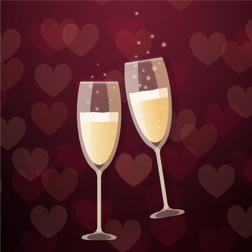 glasses of champagne, shiny glasses of champagne, happy Valentine's Day, red heart, pattern with hearts, background with hearts, postcard with Valentine's Day