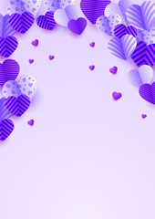 Valentine's day universal soft pastel purple love heart poster background. Celebrate Valentine day urple Papercut style Love card design background
