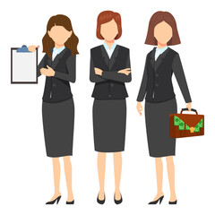 Businesswoman face less character set team standing together and posing isolated holding clipboard and bag