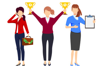 Obraz premium Businesswoman face less character set team standing together and posing isolated holding bag with money and clipboard