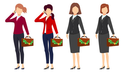 Businesswoman face less character set team standing together and posing isolated holding bag with money