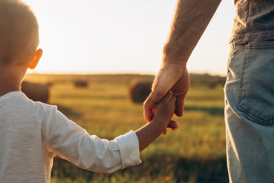Father's and his son holding hands at sunset field. Dad leading son over summer nature outdoor. Family, trust, protecting, care, parenting concept
