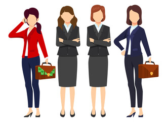 Businesswoman face less character set team standing together and posing isolated holding bag
