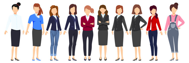 Businesswoman face less characters big set team standing together and posing isolated