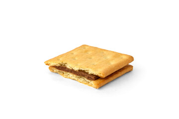 Cracker sandwich with chocolate filling isolated on white background.
