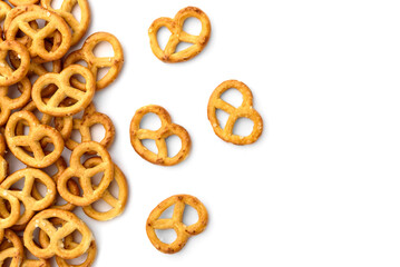 Mini salty pretzels isolated on white background. - obrazy, fototapety, plakaty