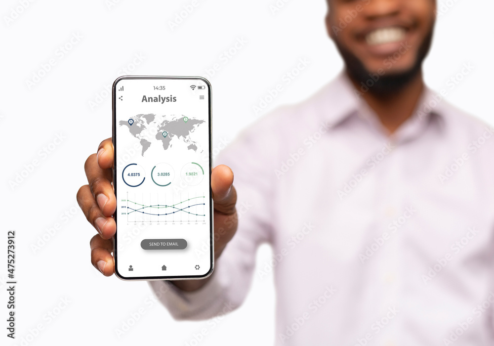 Aufkleber black businessman showing phone with analytics app on screen