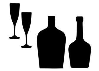 Wine bottles and wine glass in the set. Vector image.