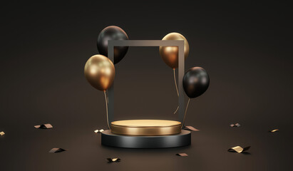 Gold podium pedestal product stand 3d background luxury celebration display with golden birthday black balloon anniversary exhibition and festive presentation studio showcase decoration premium scene.