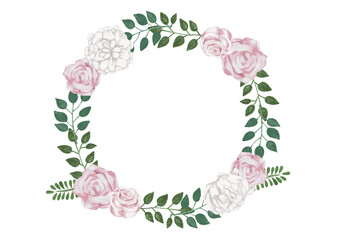 バラとシャクヤクの花のボタニカルフレーム　水彩風ベクターイラスト