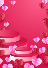 Podium Valentine day Pink Papercut style Love card design background. Design for special days, women's day, birthday, mother's day, father's day, Christmas, and wedding.