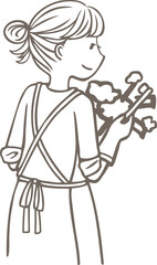 五徳を磨いてコンロ掃除をする女性の線画