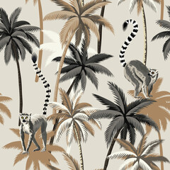 Tropical vintage animal lemur, palm trees floral seamless pattern beige background. Exotic jungle wallpaper © good_mood