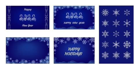 Happy New Year 2022 card element set. Design bundle with dark-blue backround, Indian paisleys, snowflake collection - obrazy, fototapety, plakaty