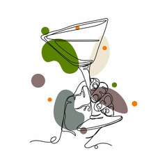 Continuous one simple single line drawing of  hands holding alcohol cocktail icon sketch in silhouette on a white background. Linear stylized.