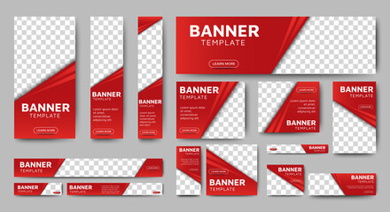 set of creative web banners of standard size with a place for photos. Gradient red. Business ad banner. Vertical, horizontal and square template.