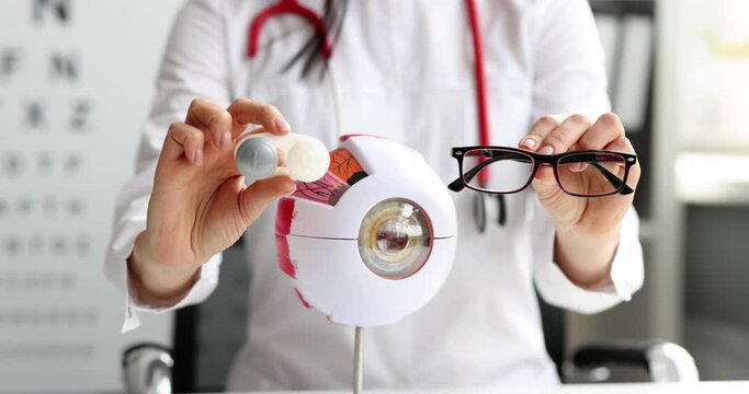 Doctor ophthalmologist holding container with contact lenses and glasses in front of artificial human eye model 4k movie slow motion