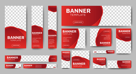 set of creative web banners of standard size with a place for photos. Gradient red. Business ad banner. Vertical, horizontal and square template.