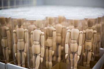 small wooden model of a man in a transparent case