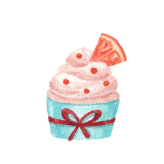 Pastry cupcake decorated with whipped cream, orange slice, red ribbon. Sweet sugar dessert. Watercolor hand painted illustration isolated on white background.